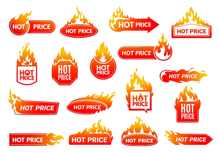 hot price deal promotion labels with flames. shop sale or discou